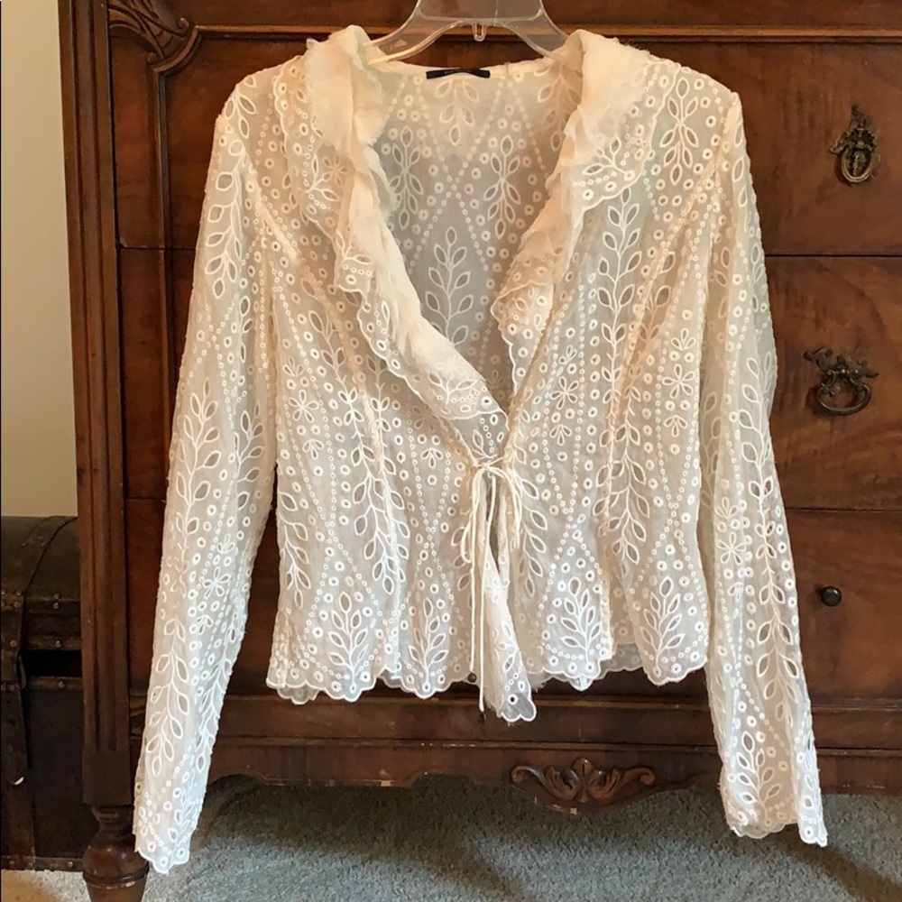 Elie Tahari Cream Silk Lace Tie Top Ruffle Large